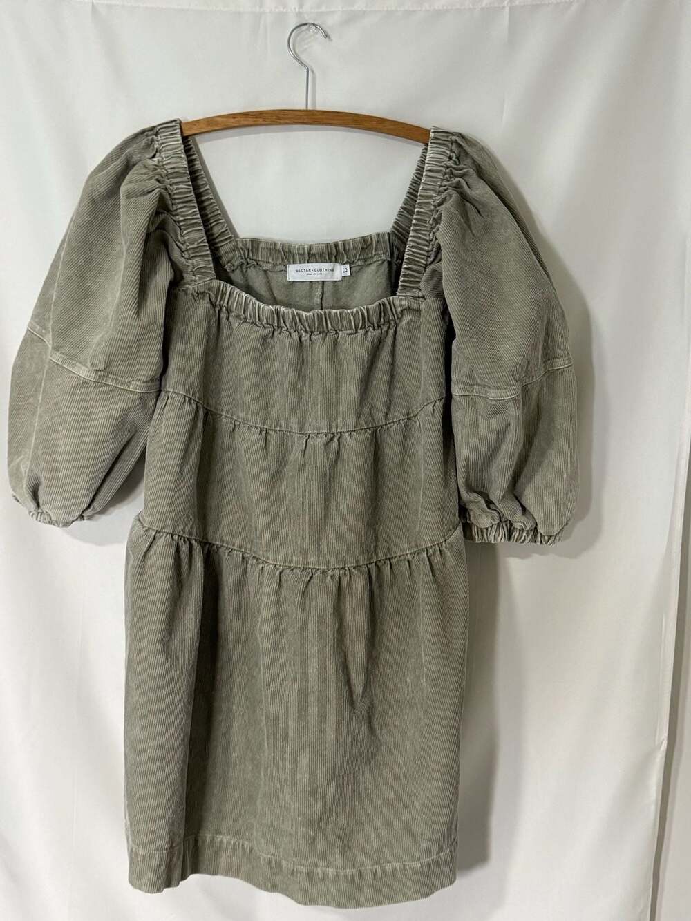 Nectar Clothing Corduroy Puff Sleeve Tiered Babydoll Mini Dress Olive L